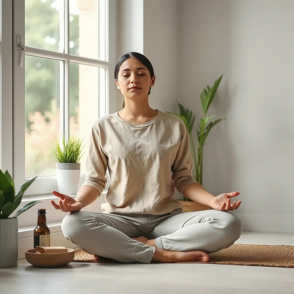 Person seated by a window practicing slow deep breathing with relaxed posture