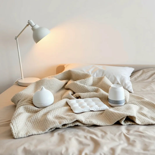 A calm bedside arrangement with a weighted blanket, diffuser, and heat therapy pad for relaxation support.