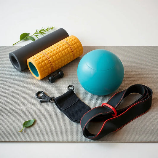 Foam roller, massage ball, and compression sleeves arranged on a workout mat for recovery
