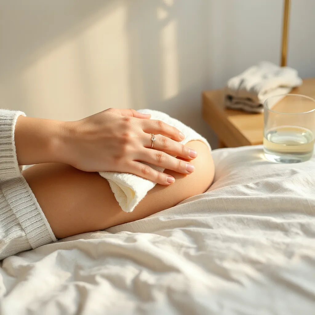 Warm cloth compress resting on a shoulder with gentle steam in a calm, home setting