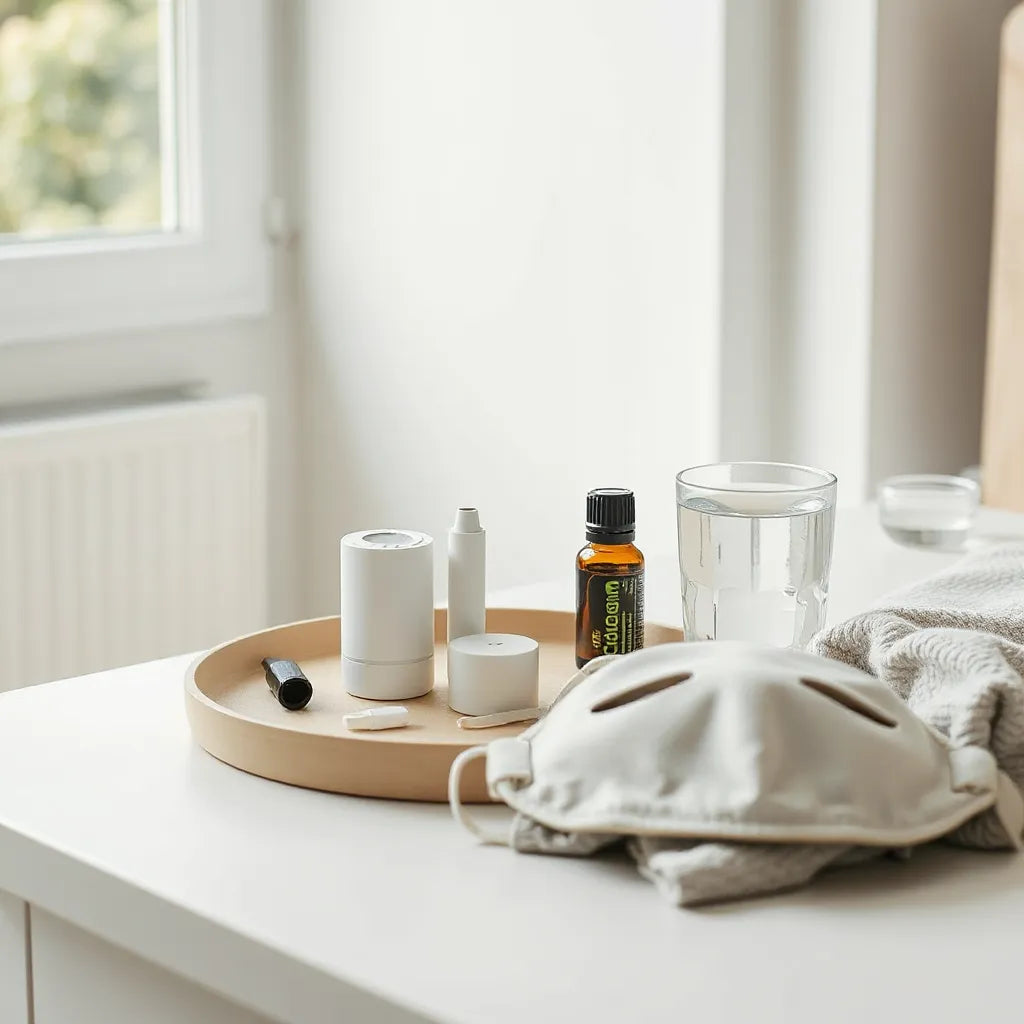 Neatly arranged respiratory wellness tools on a bedside table with natural light and a calm, clean home background