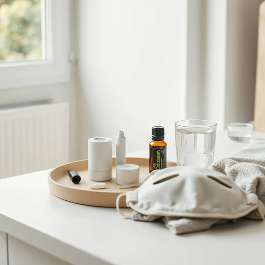 Neatly arranged respiratory wellness tools on a bedside table with natural light and a calm, clean home background