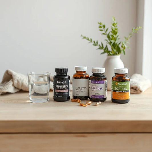 Assorted wellness supplement bottles and capsules with water on a light wooden table