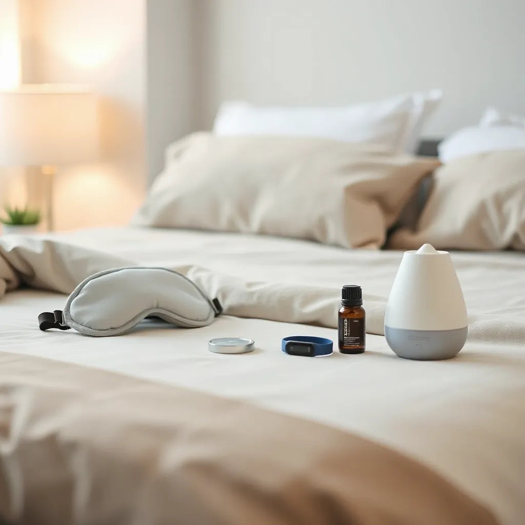 Sleep recovery items arranged on a bedside table with soft, warm bedroom lighting