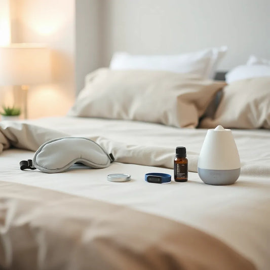 Sleep recovery items arranged on a bedside table with soft, warm bedroom lighting