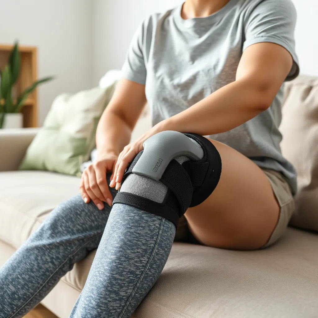 Orthopedic knee support brace shown on a seated person for stability and comfort