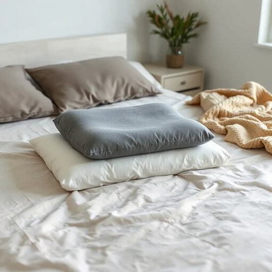 Contoured memory foam leg pillow resting beside a neatly made bed in soft natural light