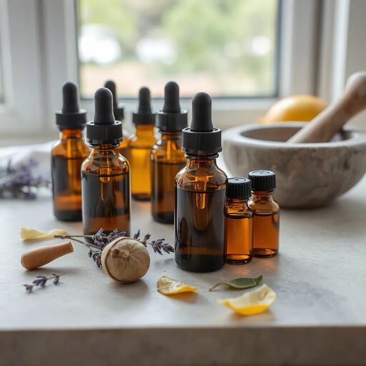 Small amber bottles of essential oils with droppers and fresh lavender and citrus on a wooden surface
