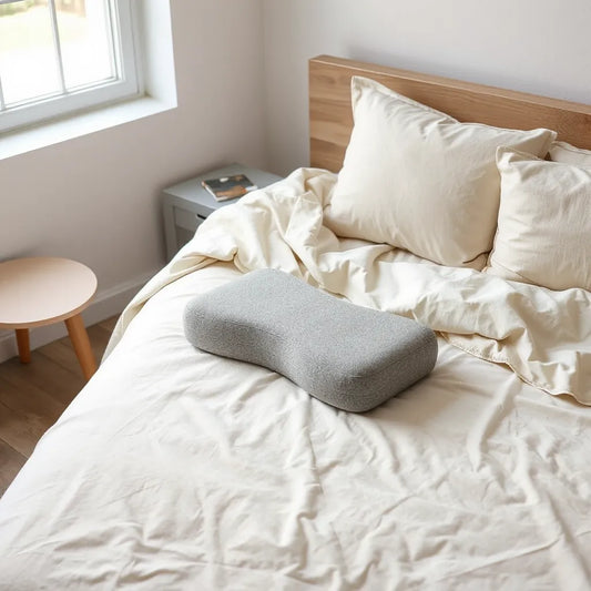 Knee alignment cushion positioned between knees on a bed for comfortable side sleeping