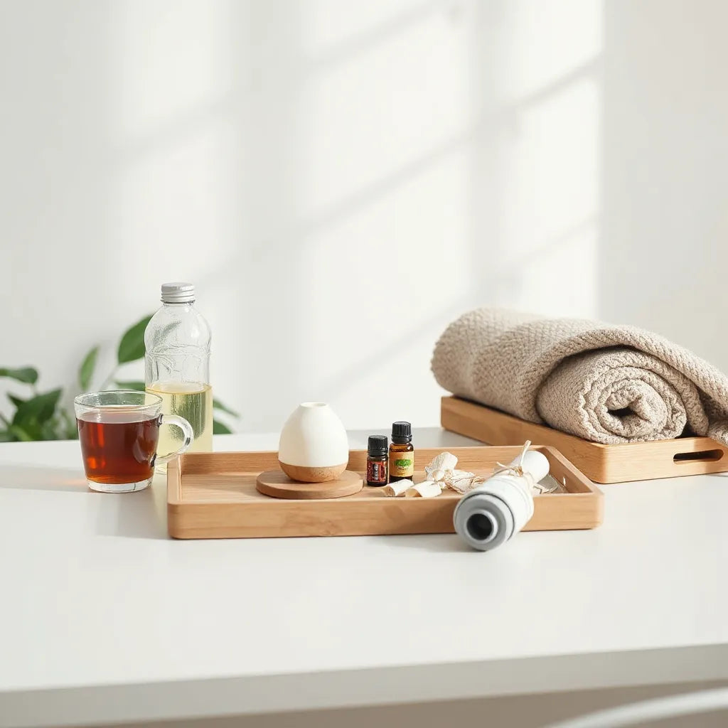 Curated wellness items on a clean table with tea, diffuser, and soft bedding in warm light