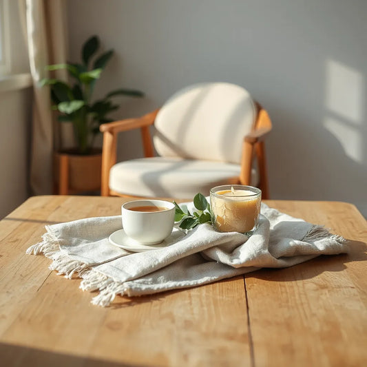 Sunlit home wellness setup with herbal tea, natural botanicals, and calming essentials on a wooden table