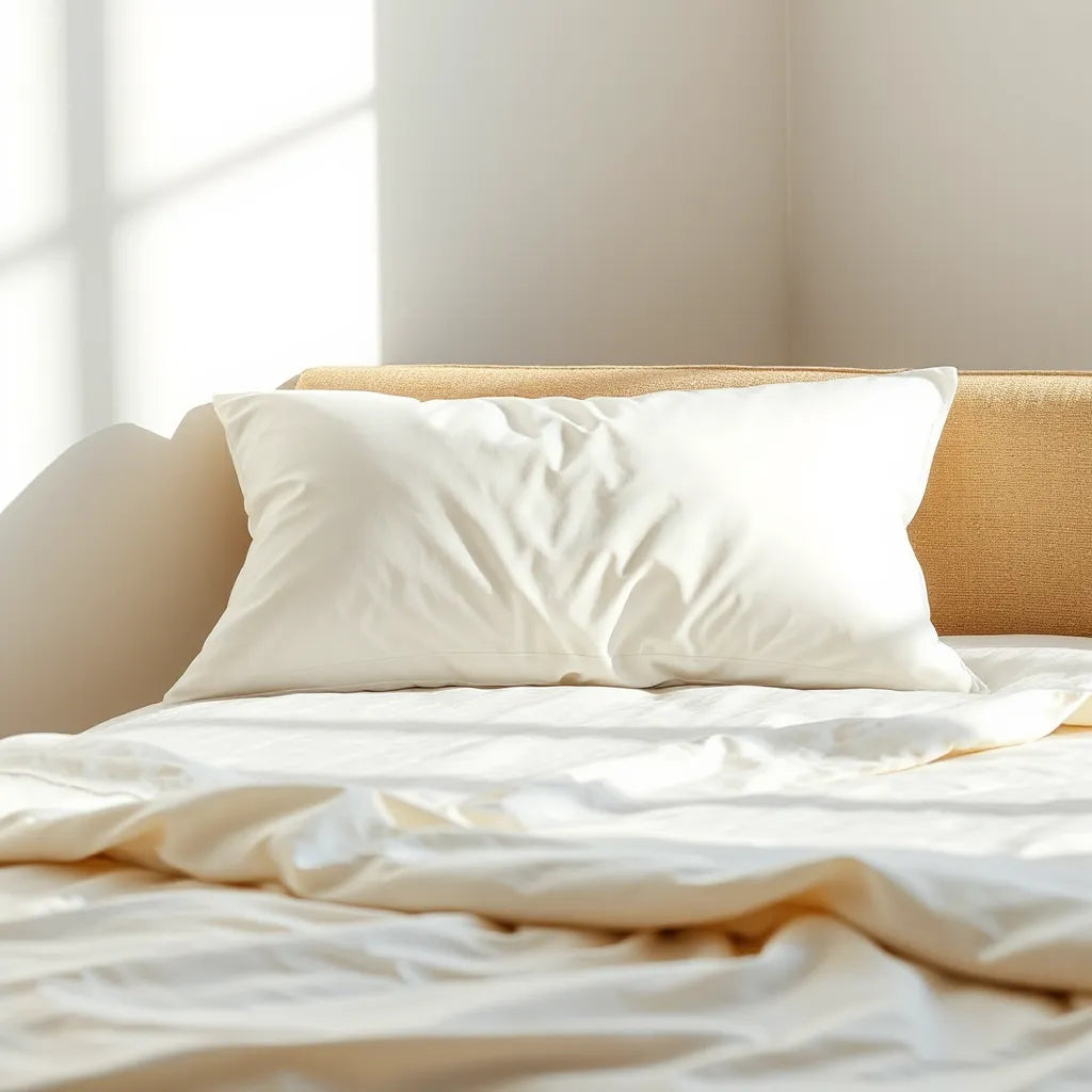 Sleeping alignment pillow positioned on a neatly made bed with soft neutral bedding and morning light