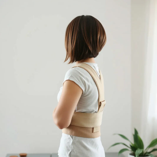 Person wearing a posture corrector brace with relaxed, upright upper-back alignment in a bright room