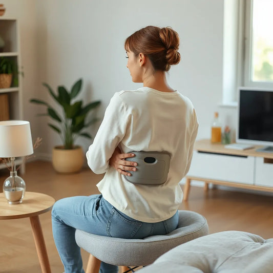 Person seated using a waist massager on the lower back for gentle comfort