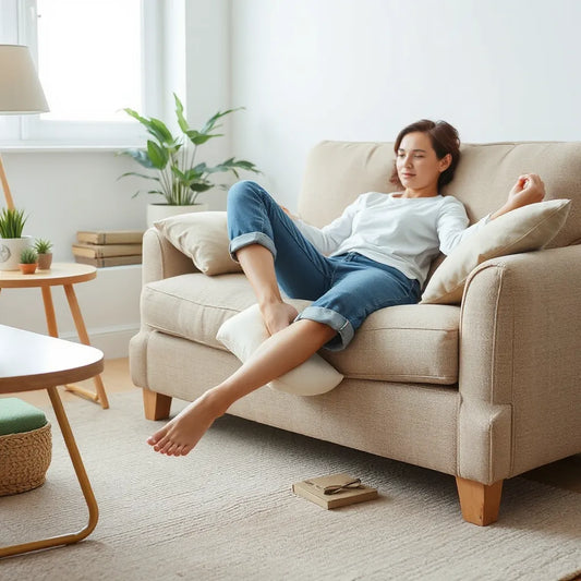 Supportive ergonomic leg cushion under a relaxed person’s lower legs on a sofa