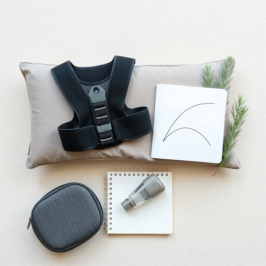 Posture corrector and lumbar pillow next to a compact handheld nebulizer on a clean background.