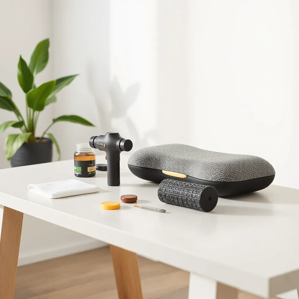 Handheld massage gun, chair massage cushion, and foam roller arranged on a clean table