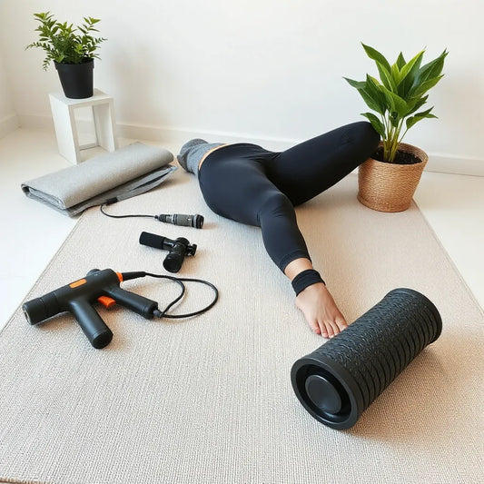 Handheld massage gun and compression leg sleeves laid out next to a seated person recovering after a workout