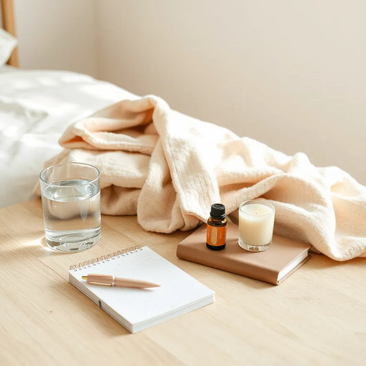 Minimal self-care essentials on a bedside table including a diffuser, journal, and soothing comfort items