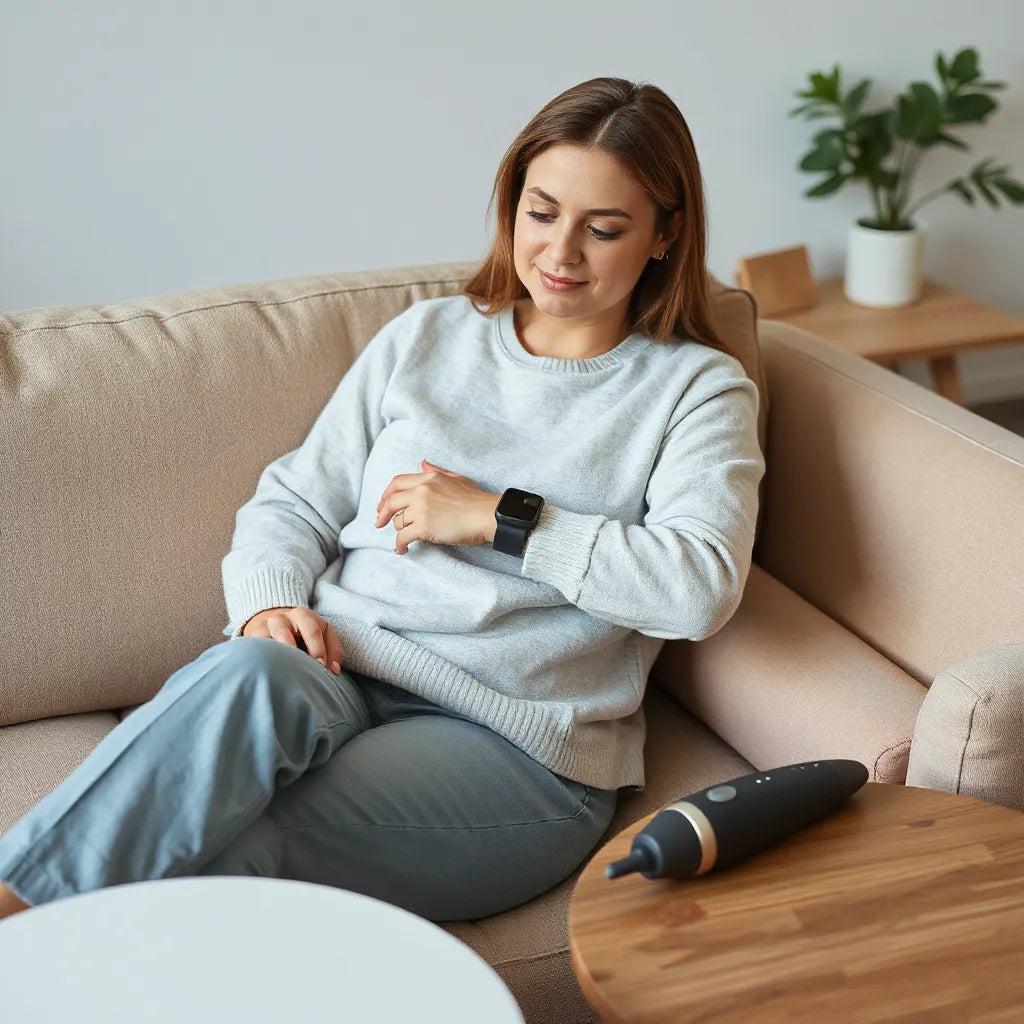 Person relaxing with a wearable pain relief device and a handheld comfort massager nearby