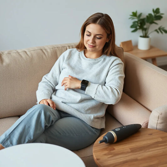 Person relaxing with a wearable pain relief device and a handheld comfort massager nearby