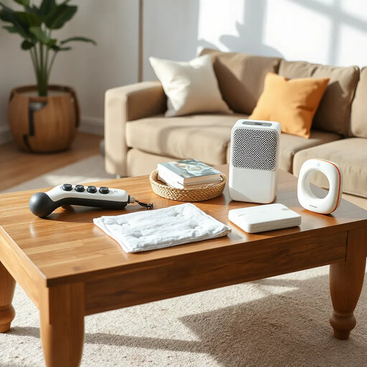 Assorted home wellness devices arranged on a wooden coffee table in a bright living room