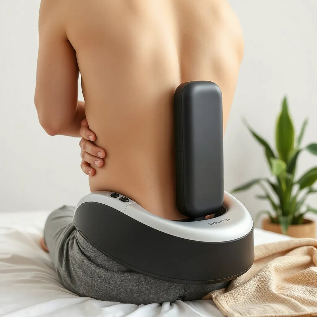 Back pain relief massager on a lounge chair with a relaxed seated posture and lower-back support visible