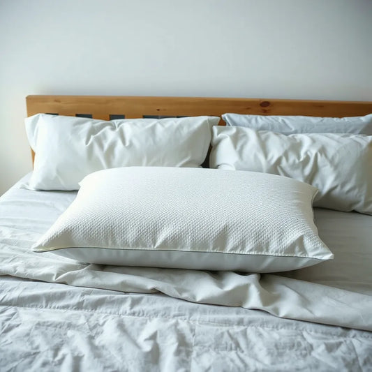 Cooling memory foam pillow on a neatly made bed with cool-toned lighting and minimal bedding