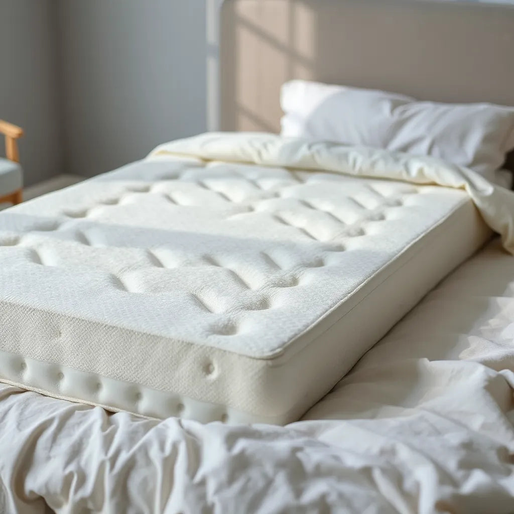 Ventilated memory foam mattress topper with airflow channels on a clean, neutral bed