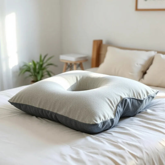 Supportive pillow placed on a bed with neutral bedding, highlighting contours for hip comfort