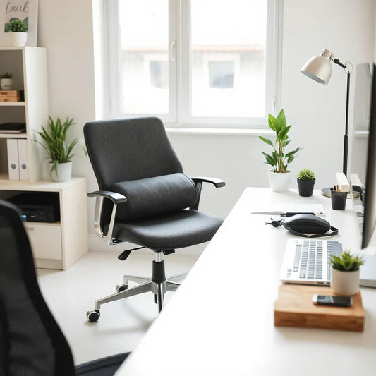 Ergonomic chair with seat cushion and lumbar support at a tidy desk