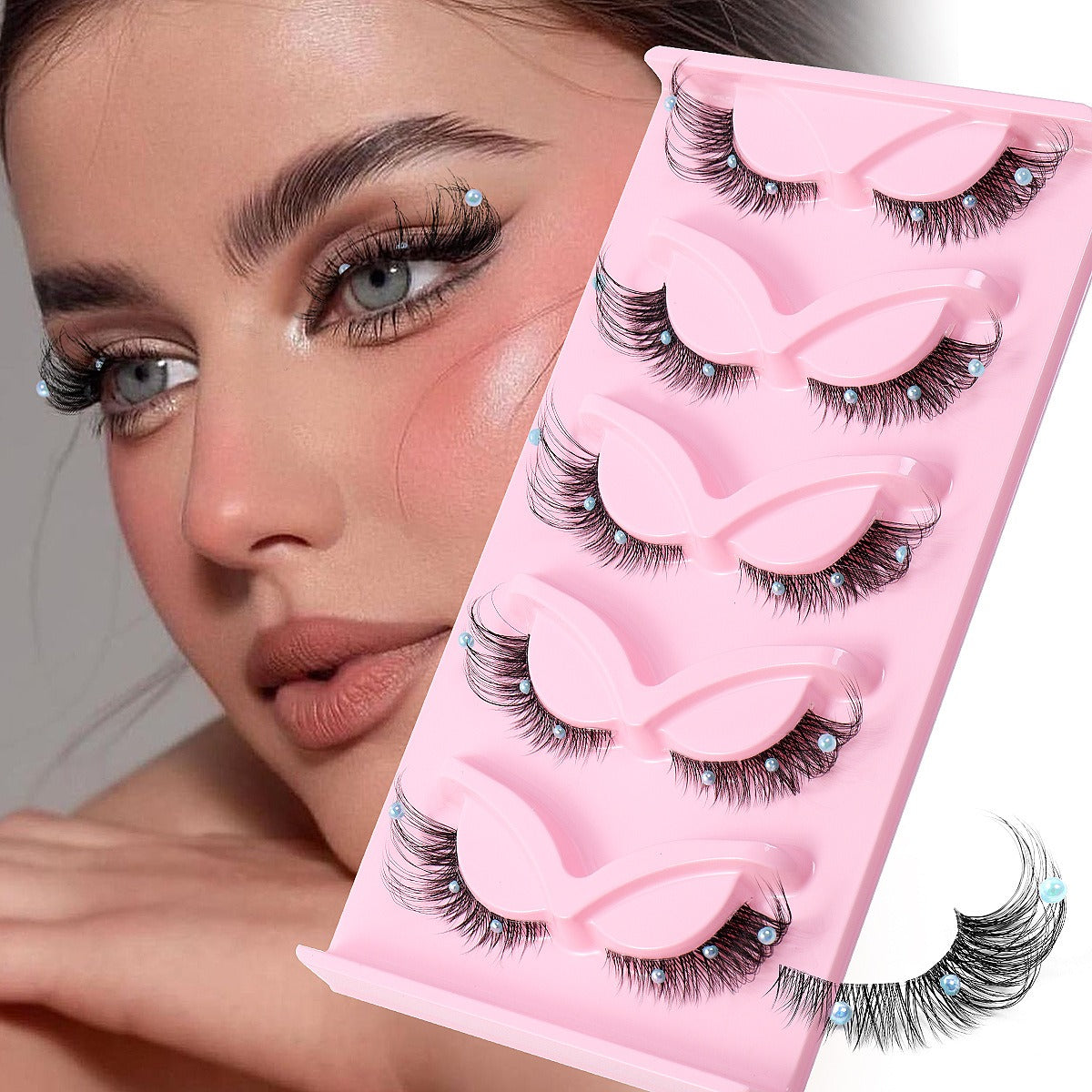 Clear Vegan Faux Mink Eyelash With Diamond Pearl 3D Silk Strip Lashes