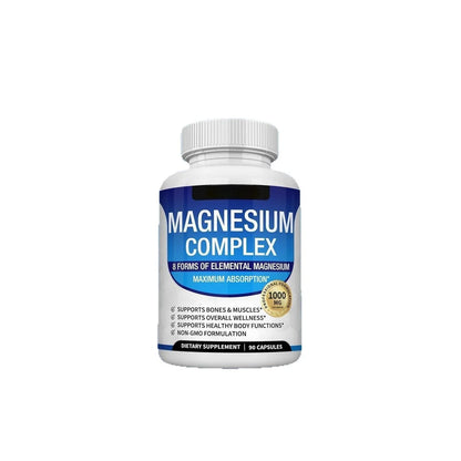 A white plastic bottle of Magnesium Complex dietary supplement with a blue and white label, shown on a plain white background.