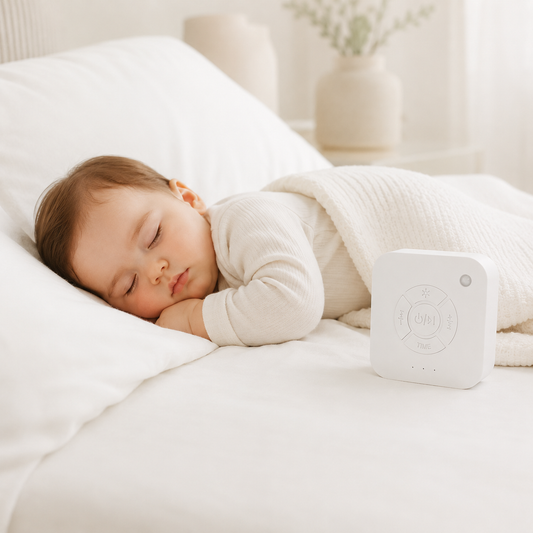 Baby sleeping beside CalmWave white noise sleep machine