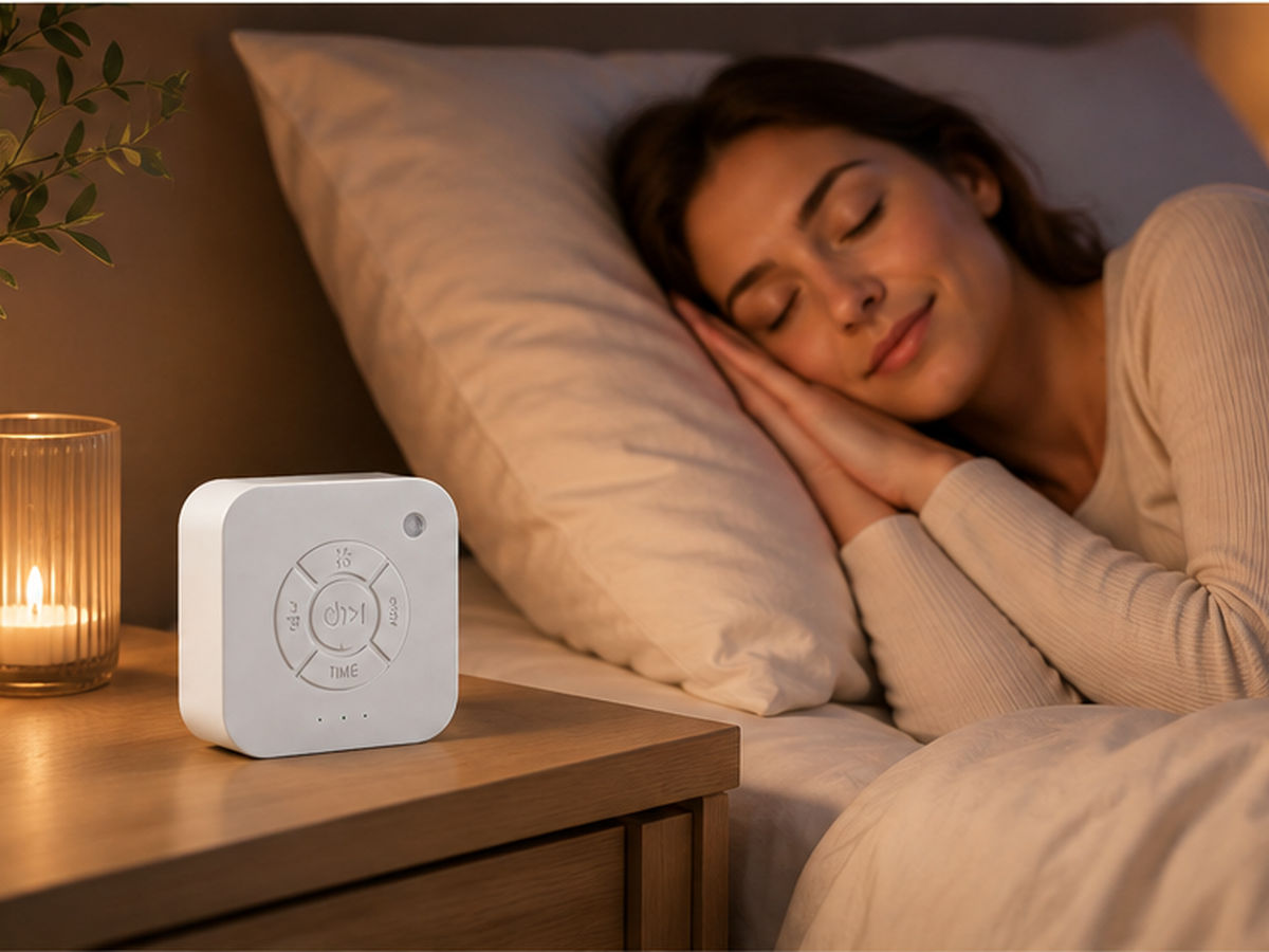 Woman sleeping peacefully with CalmWave on bedside table