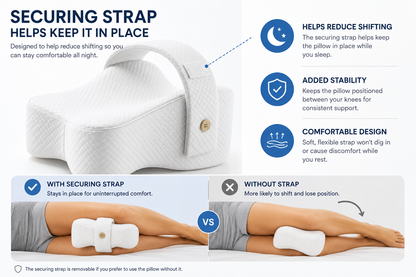 An infographic explaining the benefits of a securing strap for a memory foam pillow. The top half shows a white pillow with a gold button and a blue strap, accompanied by text and icons describing reduced shifting, added stability, and comfortable design.