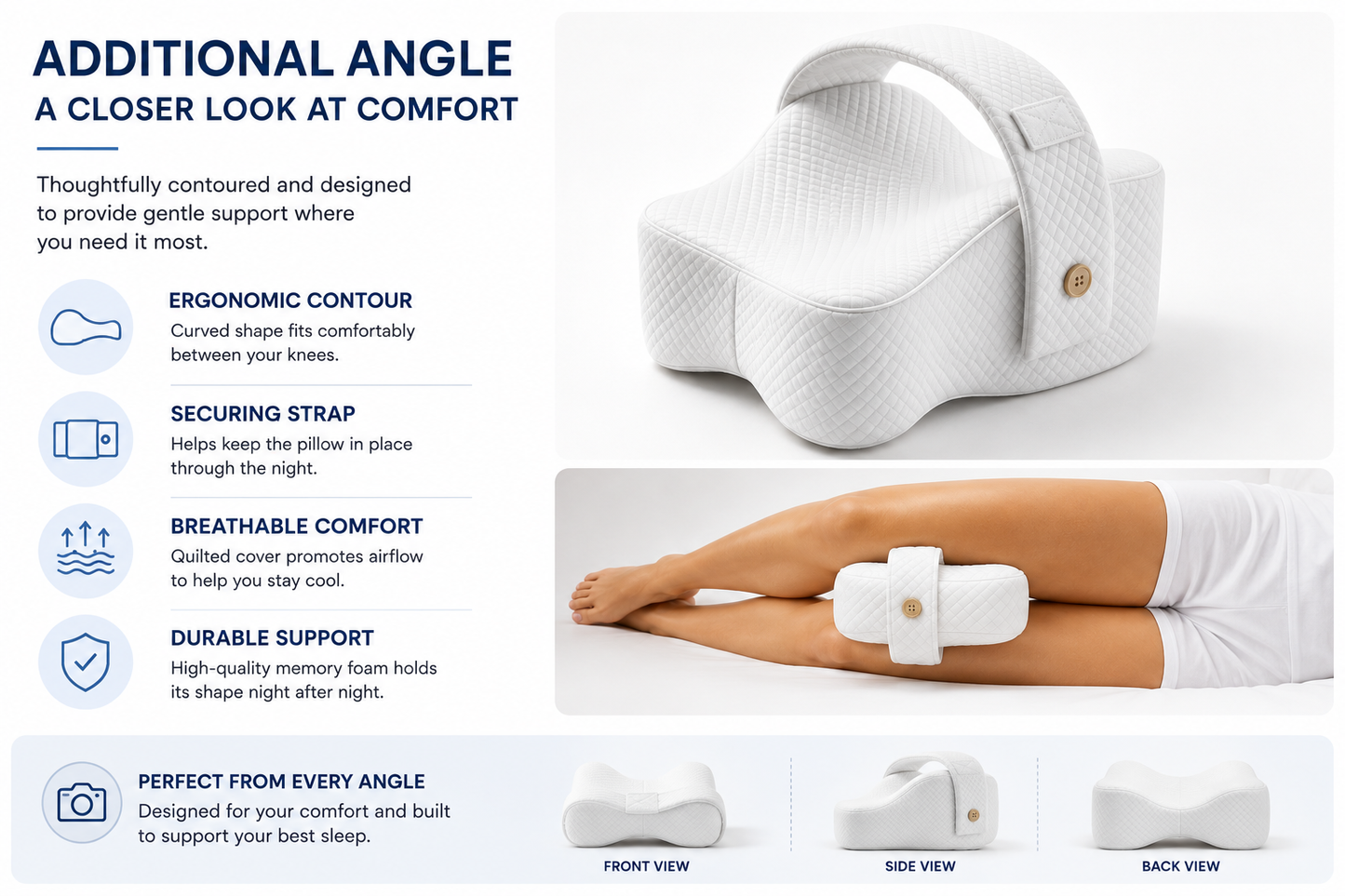 An informational product graphic for a white contoured memory foam pillow. The top section features marketing text highlighting ergonomic contour, securing strap, breathable comfort, durable support, and perfect viewing angles.