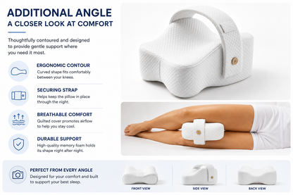 An informational product graphic for a white contoured memory foam pillow. The top section features marketing text highlighting ergonomic contour, securing strap, breathable comfort, durable support, and perfect viewing angles.