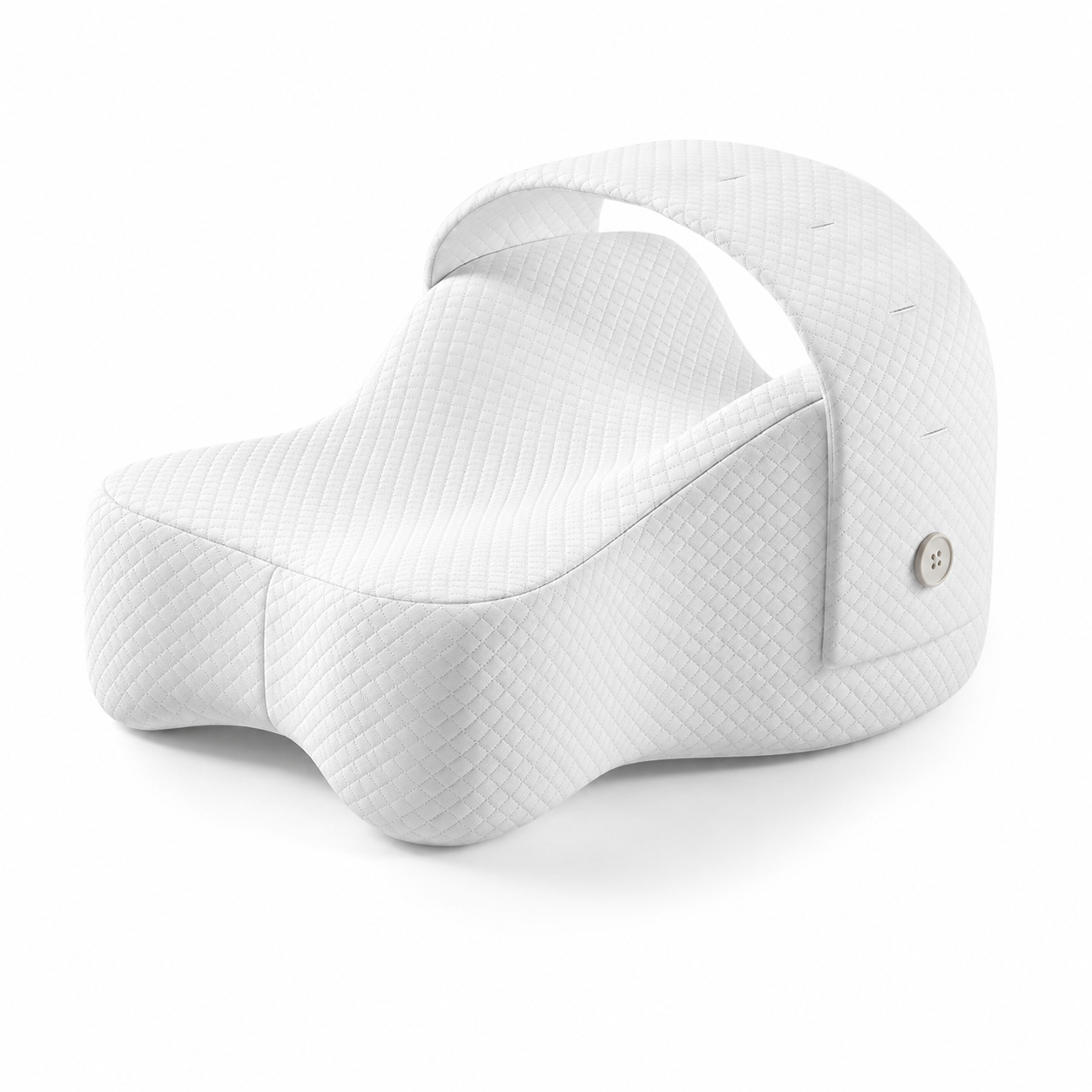 A white quilted ergonomic support cushion with a curved top handle and a small silver button, shown on a clean white background.