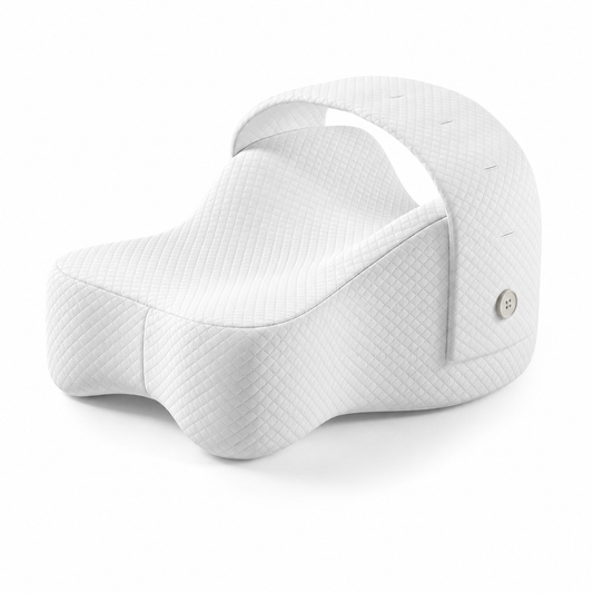 A white quilted ergonomic support cushion with a curved top handle and a small silver button, shown on a clean white background.