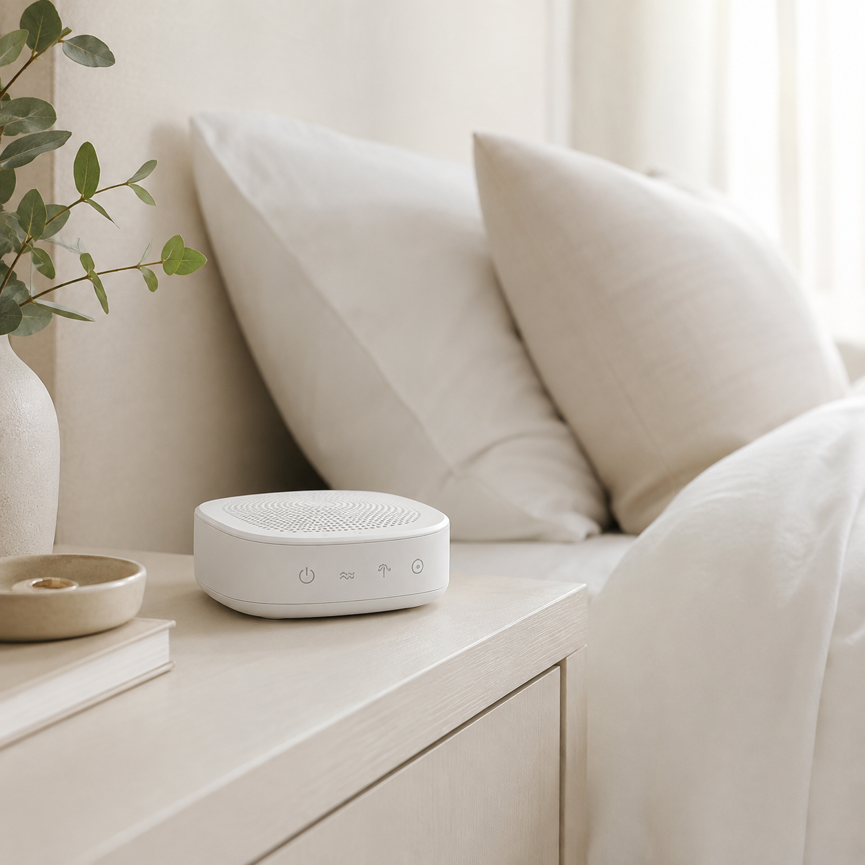 Compact white noise machine on bedside table