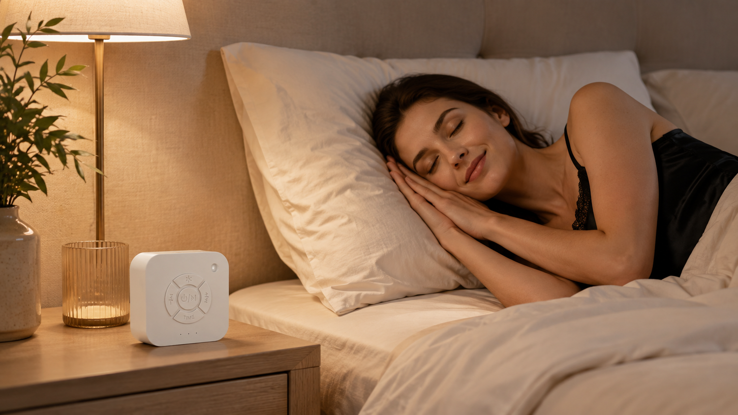 Woman relaxing beside CalmWave white noise machine