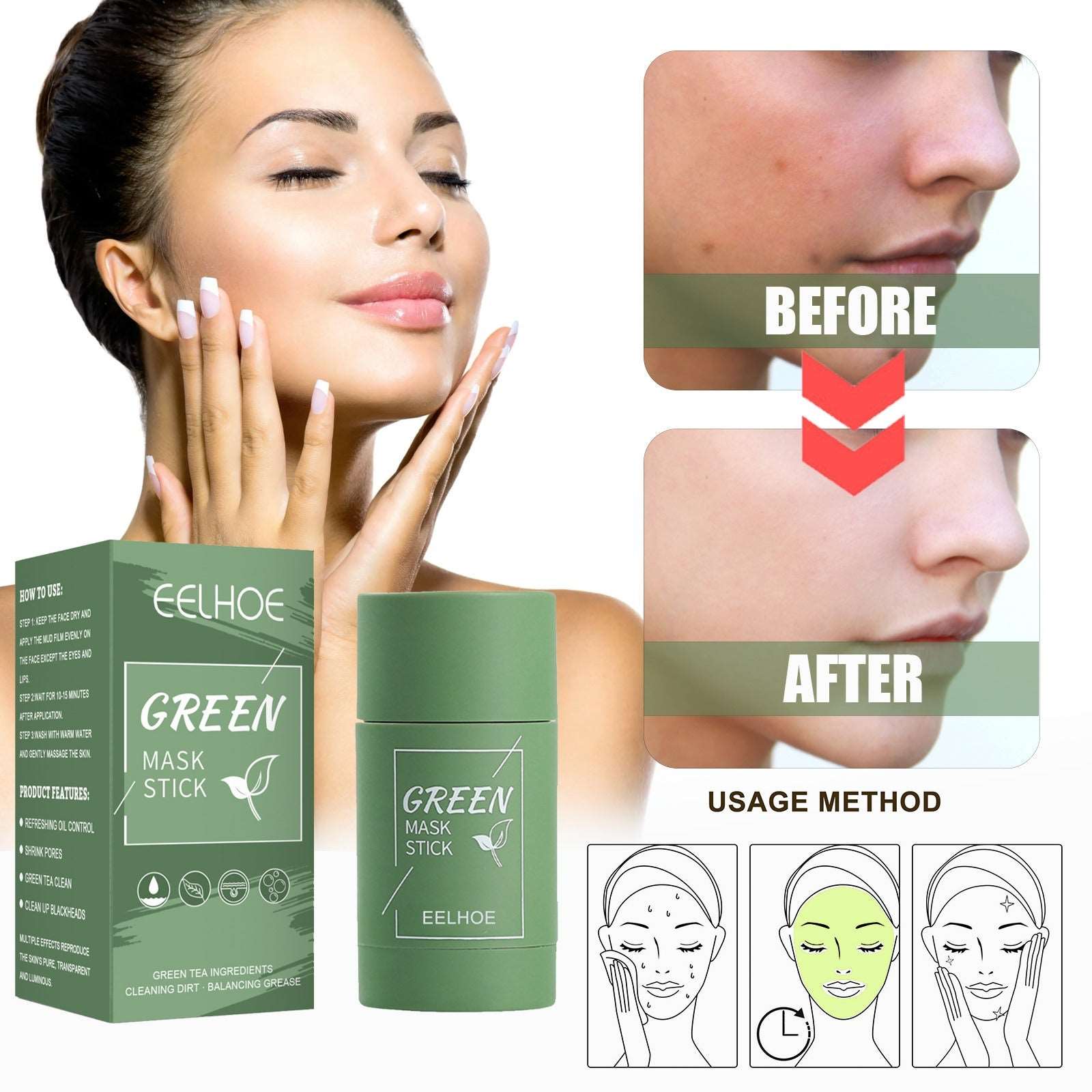 EELHOE Green Tea Solid Mask Deep Cleansing And Hydrating Mask Stick Shrinkage Of Pores Applicator Clay Mask