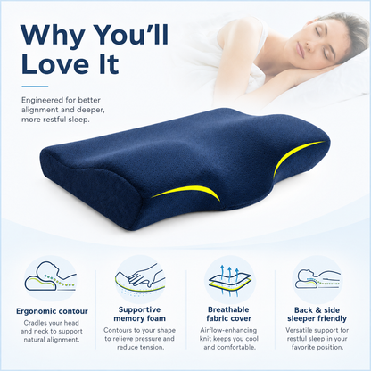 Cervical memory foam pillow benefits including ergonomic contour, breathable cover and back or side sleeping comfort