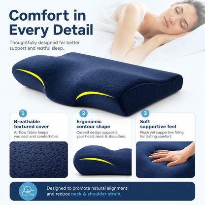 Cervical memory foam pillow details including breathable textured cover, ergonomic contour and supportive feel