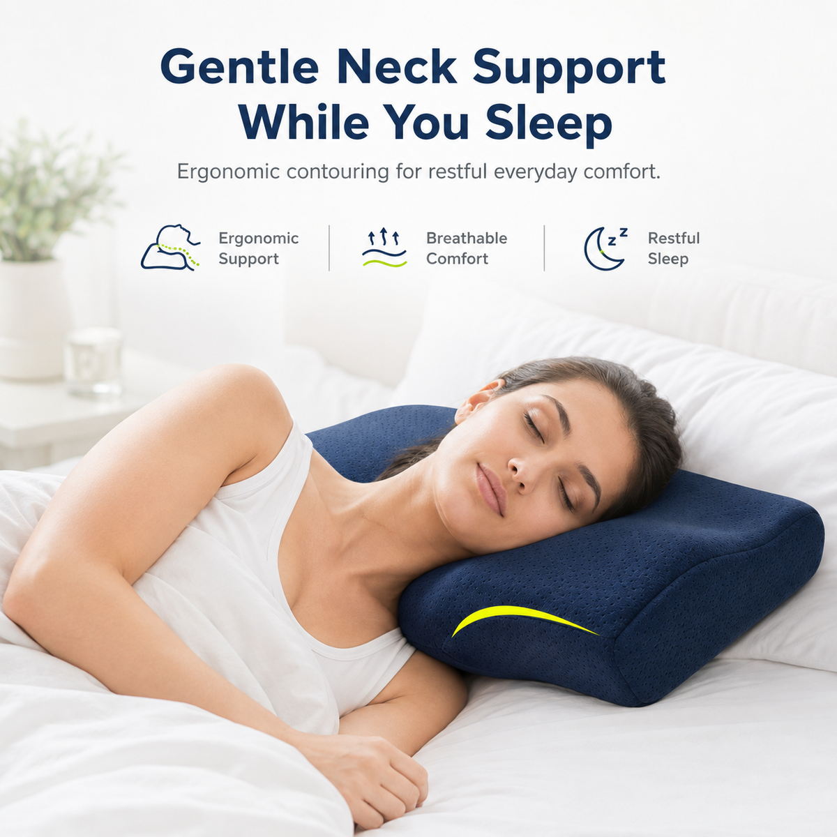 Person resting on a navy cervical memory foam pillow for everyday head and neck comfort