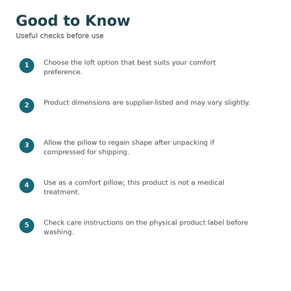 Contoured cervical support pillow loft selection and care guidance