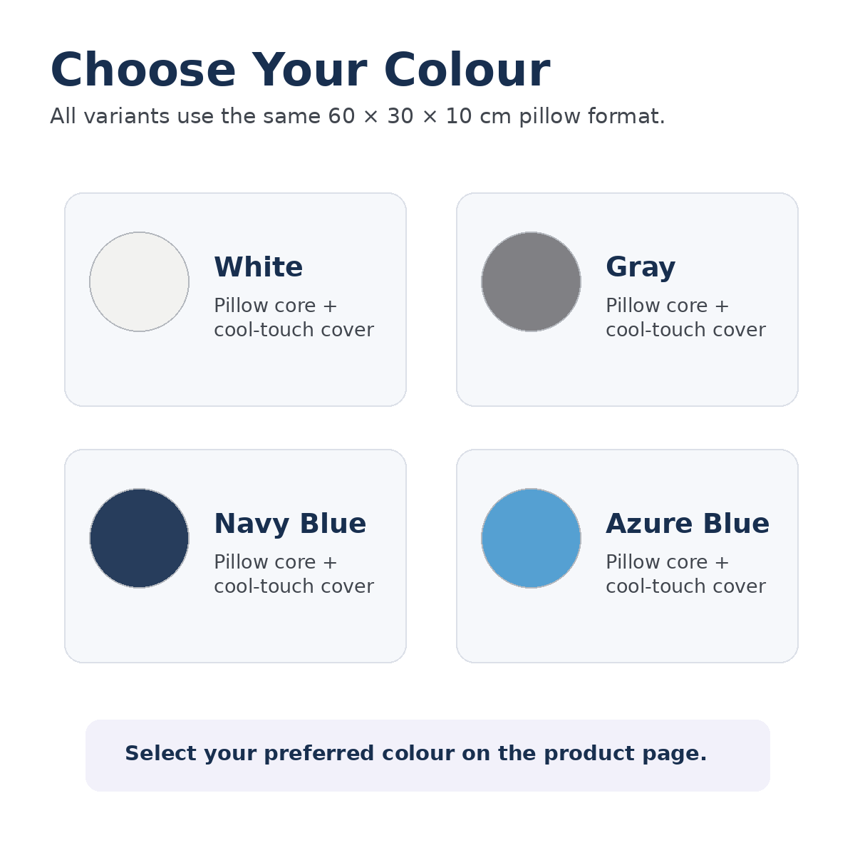 Cooling contour memory foam pillow colour options White, Gray, Navy Blue and Azure Blue