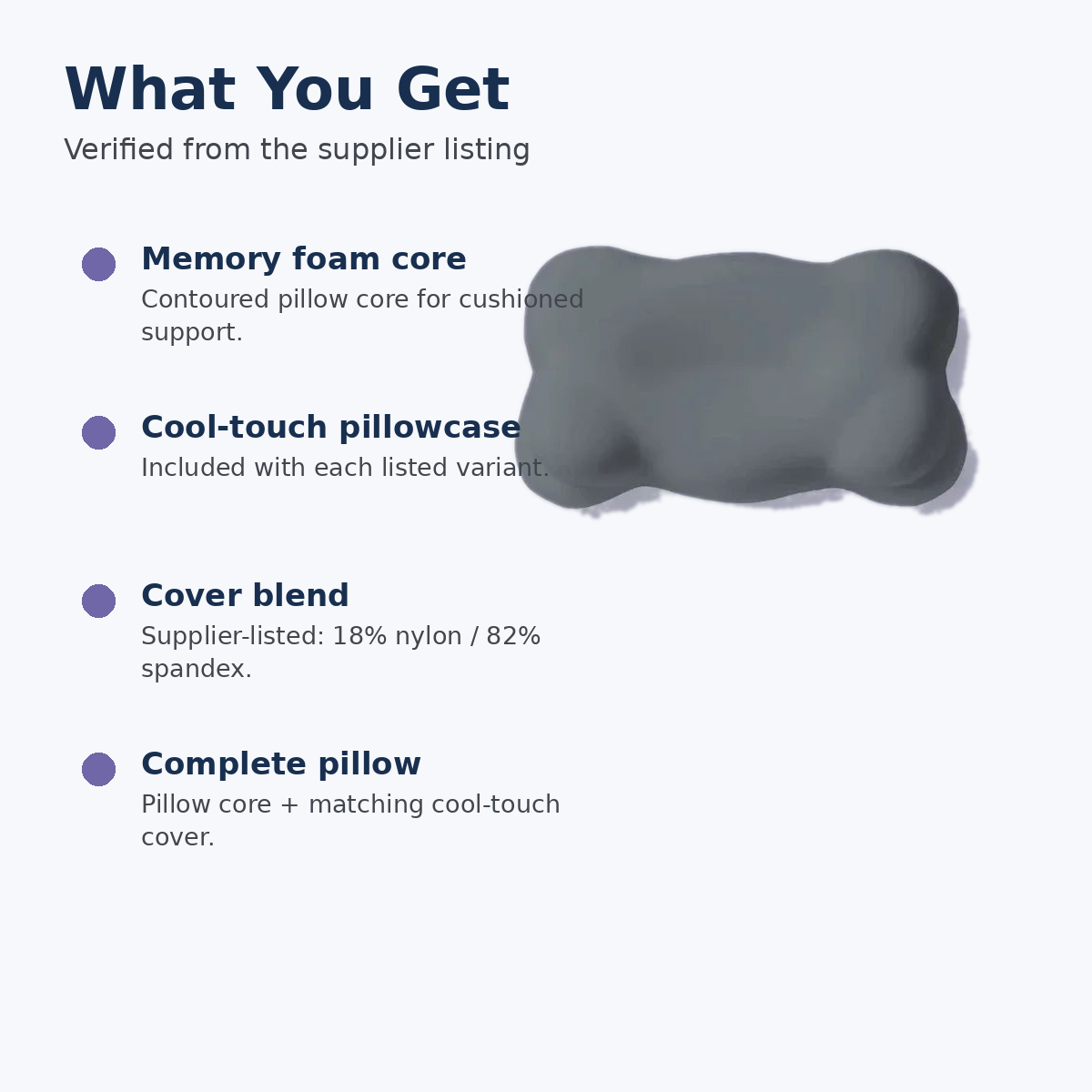 Cooling contour memory foam pillow materials including memory foam core and cool-touch 18 percent nylon 82 percent spandex cover