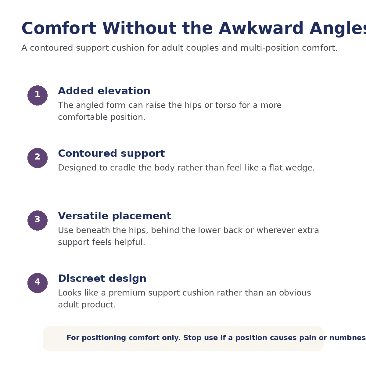 Adult couples positioning pillow comfort features